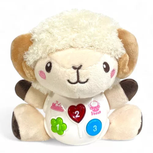 Zenélő bébi játék, el., hang+váltófény, plüss bárány, 19x24 cm dob.