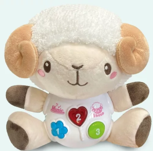 Zenélő bébi játék, el., hang+váltófény, plüss bárány, 19x24 cm dob.