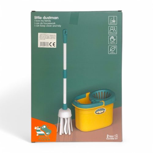 Gyermek takarítókészlet: vödör, felmosó és mop, 37x26 cm.