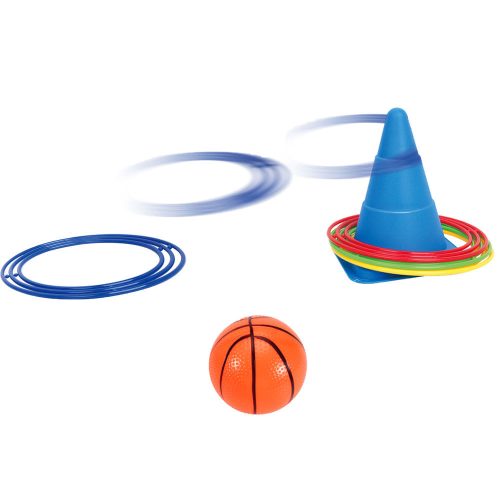 Színes karikadobáló készlet labdával és pumpával, 16x16 cm.