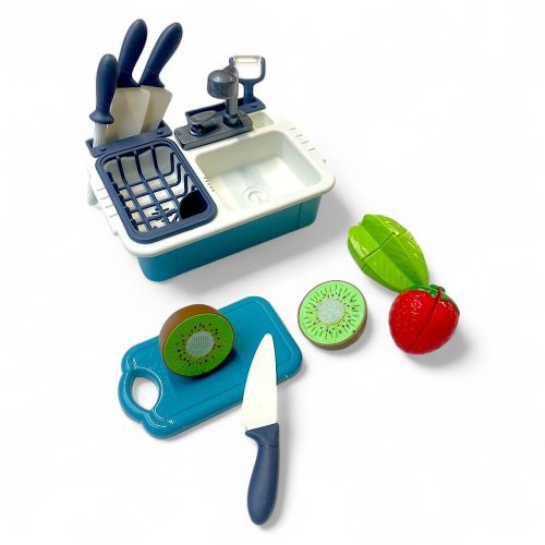Játék mosogatókészlet vágható gyümölcsökkel, 24x31 cm méretben.