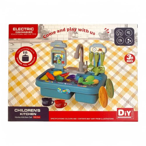 Gyermek konyhai szett mosogatóval, permetezővel és kiegészítőkkel.