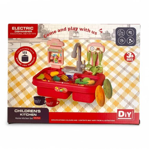 Gyermek konyhai szett mosogatóval, permetezővel és kiegészítőkkel.