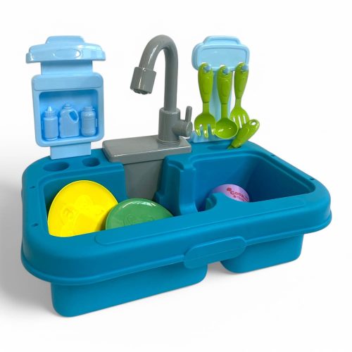 Gyermek konyhai szett mosogatóval, permetezővel és kiegészítőkkel.