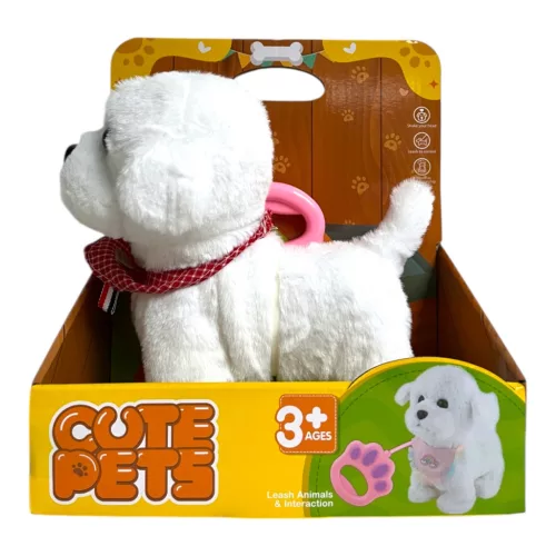 Kutya, plüss, el., jön-megy ugat, póráz, 23x25 cm dob.