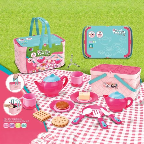 Teás és piknik kosárkészlet, 26x17 cm, gyerekeknek.