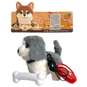 Kutya, plüss, el., vez., pórázzal, 22x39 cm zacsk,