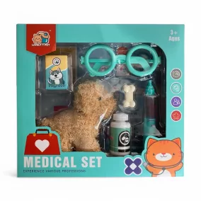 Plüss kutya orvosi készlettel, 25x23 cm, gyerekeknek.