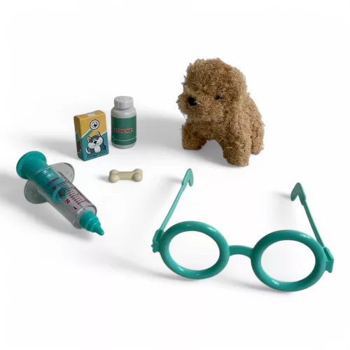 Plüss kutya orvosi készlettel, 25x23 cm, gyerekeknek.