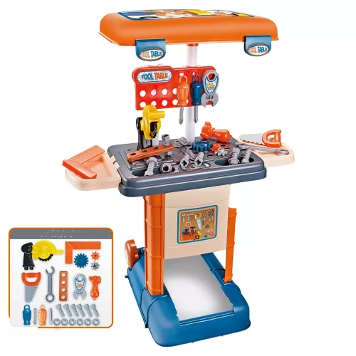 Óvodai barkácsasztal szerszámokkal, húzható bőröndben.