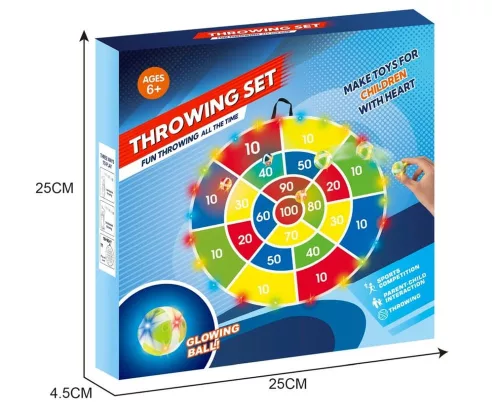 Világító célbadobó készlet 4 labdával, 25x25 cm méretben.