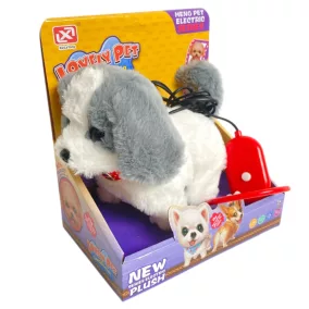   Kutya, plüss, el., jön-megy, ugat, pórázzal, 3 szín, 18x20 cm dob.