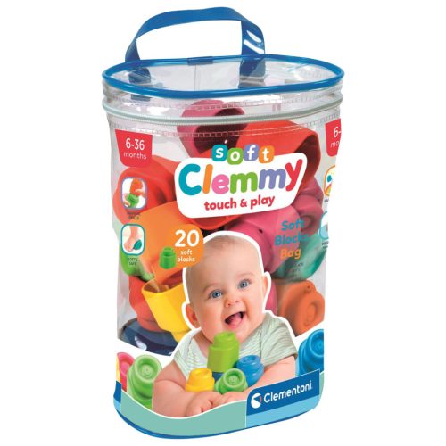 Bébi építőkocka, eva soft, Clemmy, 20 db, 13x21x27 cm pvc táskában