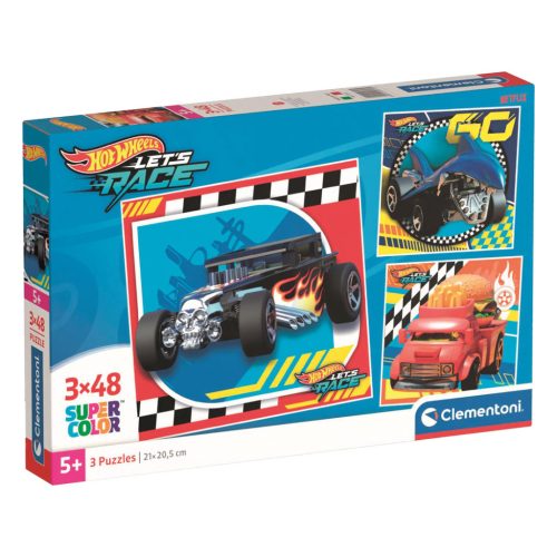 Hot Wheels puzzle szett: 3x48 db, 29x19 cm, szórakoztató kihívás.