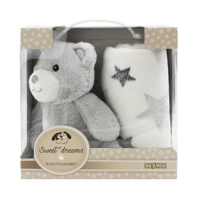 Plüss maci, szürke + takaró (90x75 cm), 24x24 cm dob.