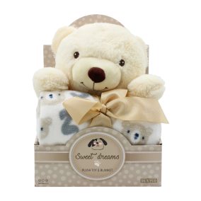 Plüss maci, szürke + takaró, 27x30 cm dob.