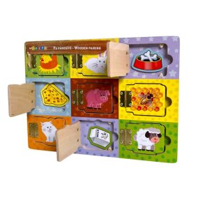   Fa állatok megismerése, oktató, zsanéros ablakok, mágneses mit eszik párosító, 30x21 cm pvc csom