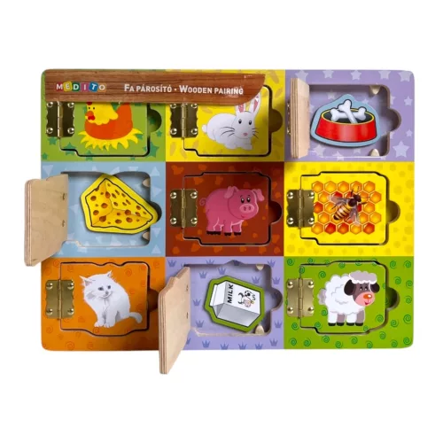 Fa állatok megismerése, oktató, zsanéros ablakok, mágneses mit eszik párosító, 30x21 cm pvc csom