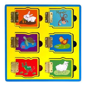   Fa állat számolás és fejlődés oktató, zsanéros ablakok, mágneses párosító 6 ablakos, 23x23 cm pvc csom