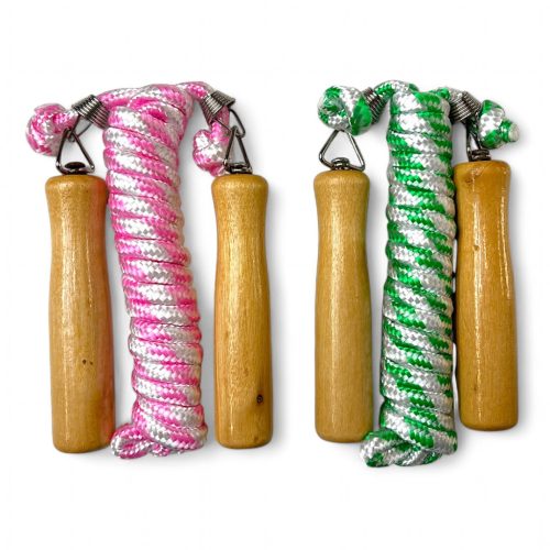 Ugrálókötél, fa, forgós fogantyú, 2 szín, 13x25 cm zacsk.