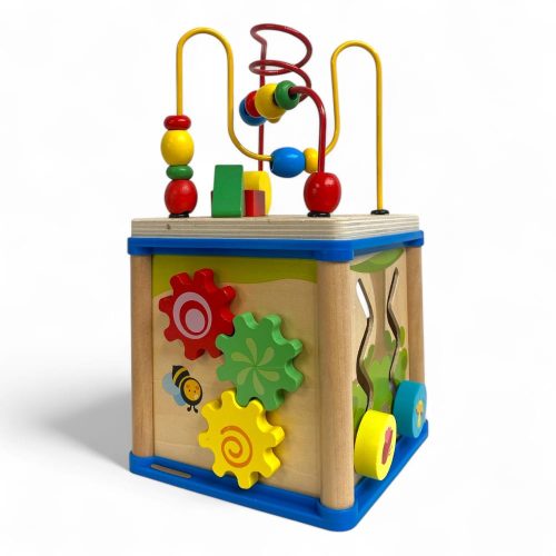 Fa activity kocka, drótpályás ügyességi játék, 20x20 cm.