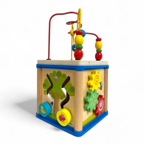 Fa activity kocka, drótpályás ügyességi játék, 20x20 cm.