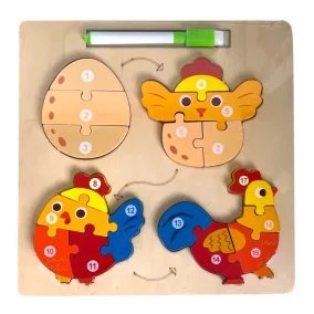   Fa puzzle klt., fejlődés, tojásból-csibe-tyúk, 2 az 1 ben, hátoldal rajzolótábla, 23x23 cm pvc csom.