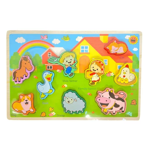 Fa ki-berakó, 3D-s képek, vadállatok, háziállatok, zöldségek, 3 féle, oktató, 22x15 cm pvc csom.