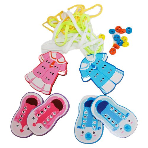 Fa cipőfűző és gombfelvarró oktató játék, 30x23 cm.