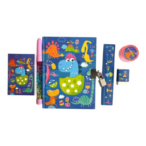 Emlékkönyv klt., fém lakat, golyóstoll, hegyező, kieg., dínó minta, 17x22 cm pvc zacsk.