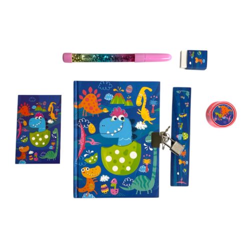 Emlékkönyv klt., fém lakat, golyóstoll, hegyező, kieg., dínó minta, 17x22 cm pvc zacsk.