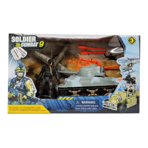 Katonai készlet: tank, repülőgép, figura - 29x18 cm dobozban