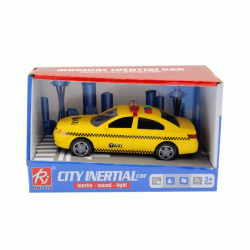 Elemes taxi játékautó, vidám színekben, könnyen irányítható.