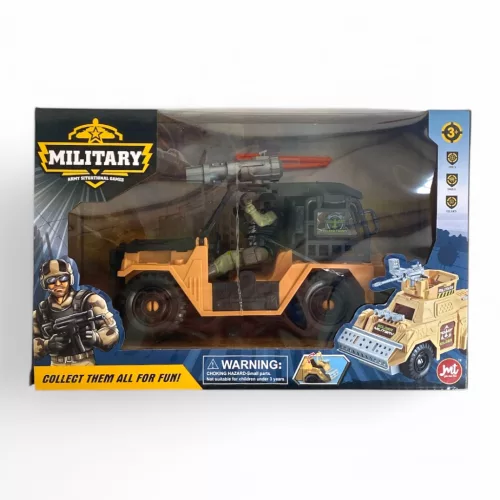 Katonai játékautó, 27x18 cm, strapabíró és részletgazdag.