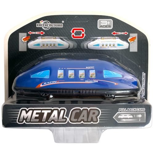 Fém, lemez vonat, IC, hátrahúzós, ütközéskor oda-vissza megy, 3 szín, 20x16 cm dob.