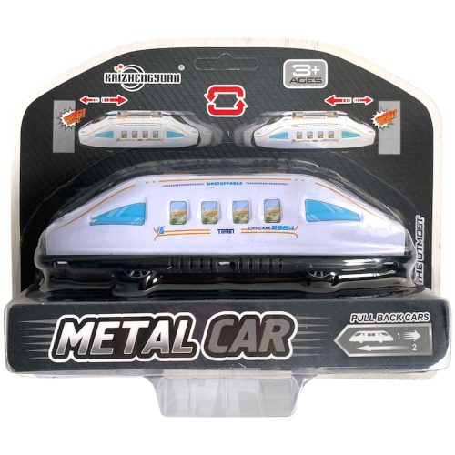 Fém, lemez vonat, IC, hátrahúzós, ütközéskor oda-vissza megy, 3 szín, 20x16 cm dob.