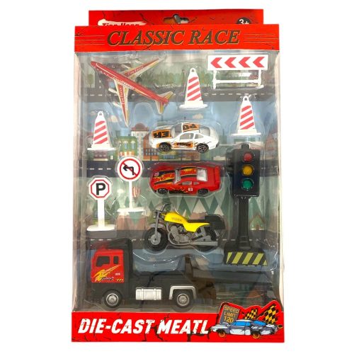 Fém autószállító klt., autó + motor, kieg., 2 féle, 12x36 cm dob.