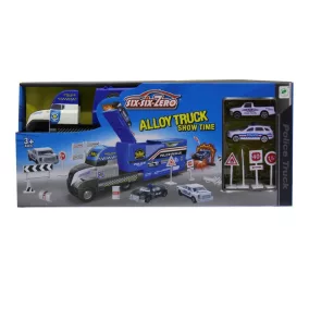   Autószállító szett: 2 fém rendőrautó és kresztáblák.