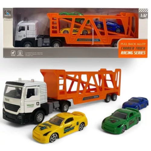 Fém autószállító 3 autóval, 31x11 cm, hátrahúzós modell.