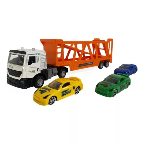 Fém autószállító 3 autóval, 31x11 cm, hátrahúzós modell.