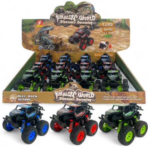 Autó, hátrahúzós, 4x4, big foot, hegyen-völgyön, szöcske, 9x6 cm, 12/disp.