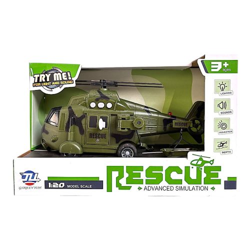 Katonai helikopter: hang, fény, projektor, 24x15 cm-es méret.