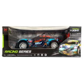   R/C autó, el., fullfunkció, karosszéria vil., akkus, fóliatestű, 3 szín, 32x12 cm dob.