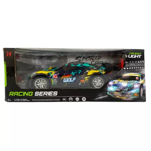 R/C autó, el., fullfunkció, karosszéria vil., akkus, fóliatestű, 3 szín, 32x12 cm dob.