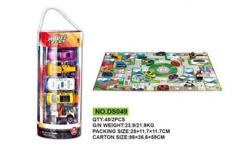 Fém autó készlet, 14 db, terepmintás, 11x28 cm, PVC dobozban.