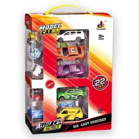   15 darabos fém autó készlet terepmintával, 18x27 cm dobozban.