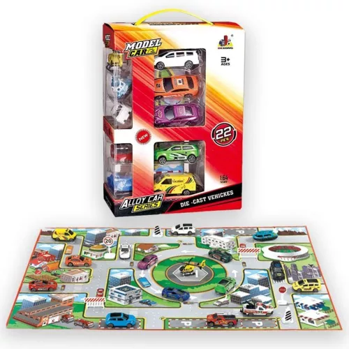 15 darabos fém autó készlet terepmintával, 18x27 cm dobozban.