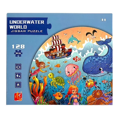 Puzzle tengeri állatokkal, 128 db-os, kör alakú, 23x20 cm