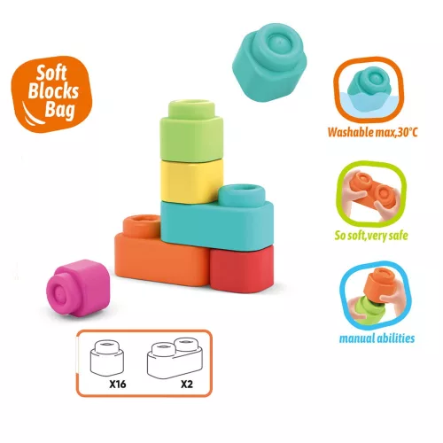 Puha építőkocka készlet, 18 db, hordozóval, 19x21 cm méretben.