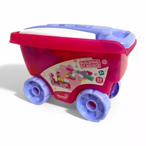 Építőkocka készlet húzós kocsival, 55 db, 25x17 cm.